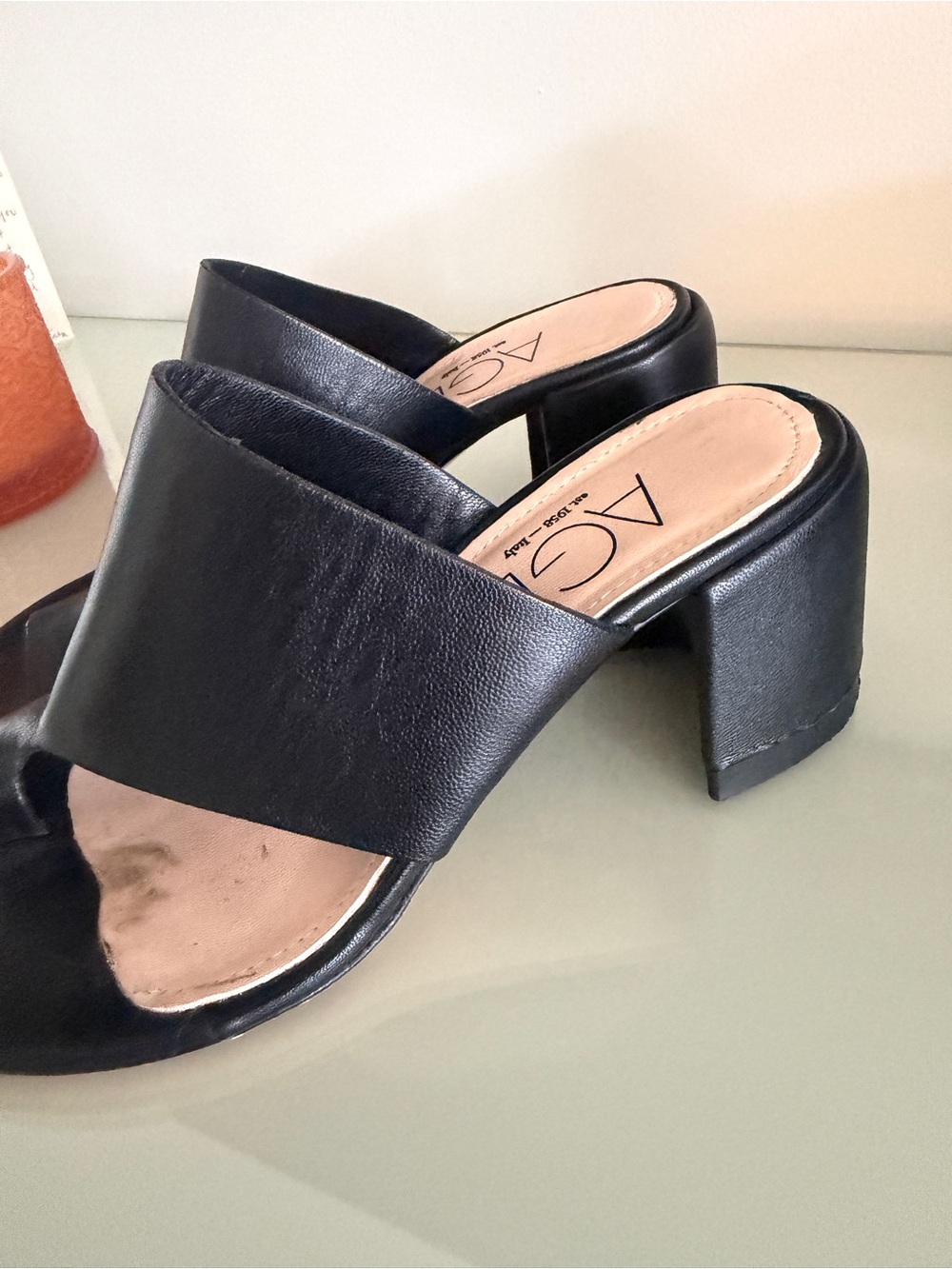 AGL Black Leather Block Heel Mule Slides